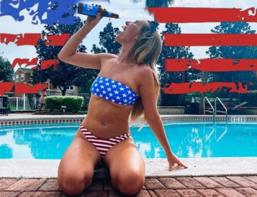 Beautiful Girl Having Fun Drinking Bud Light. Go USA!